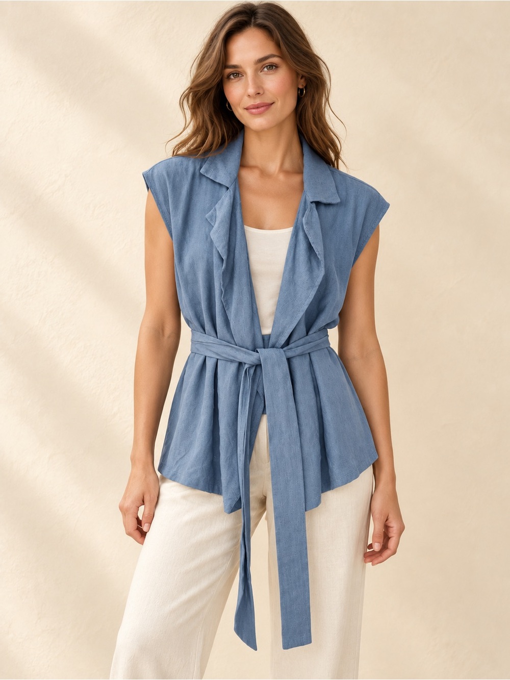 Sleeveless Tie-Waist Blue Ruffled Open Front Top